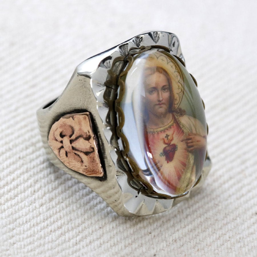 RECTANGLE JESUS SACRED HEART IMAGE MEXICAN BIKER RING